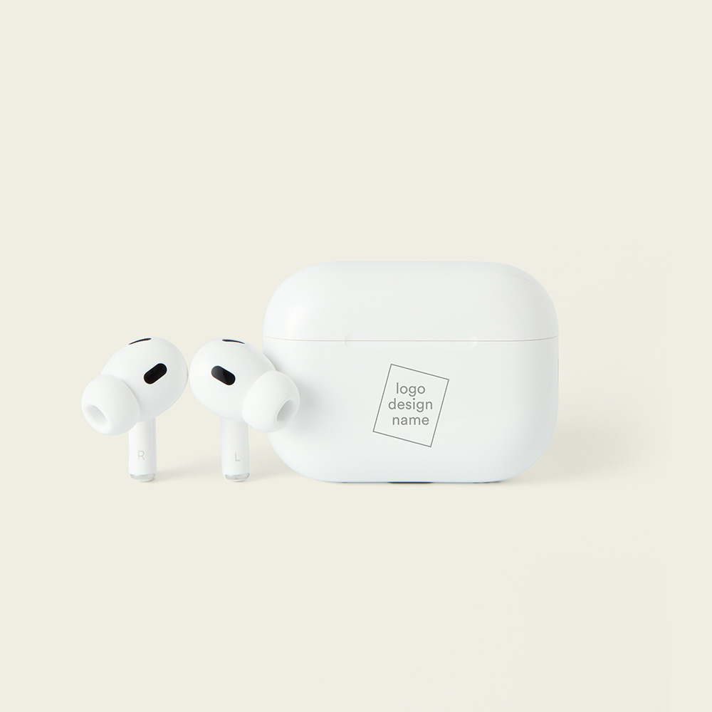 Witte Apple AirPods Pro 2 met gepersonaliseerde oplaadcase voorzien van logo – premium relatiegeschenk