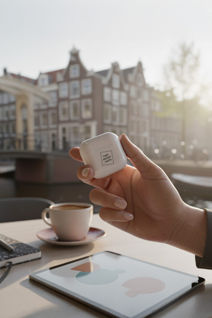 Hand met gepersonaliseerde Apple AirPods case met Merchado-logo naast iPad en koffie, premium lifestyle setting.